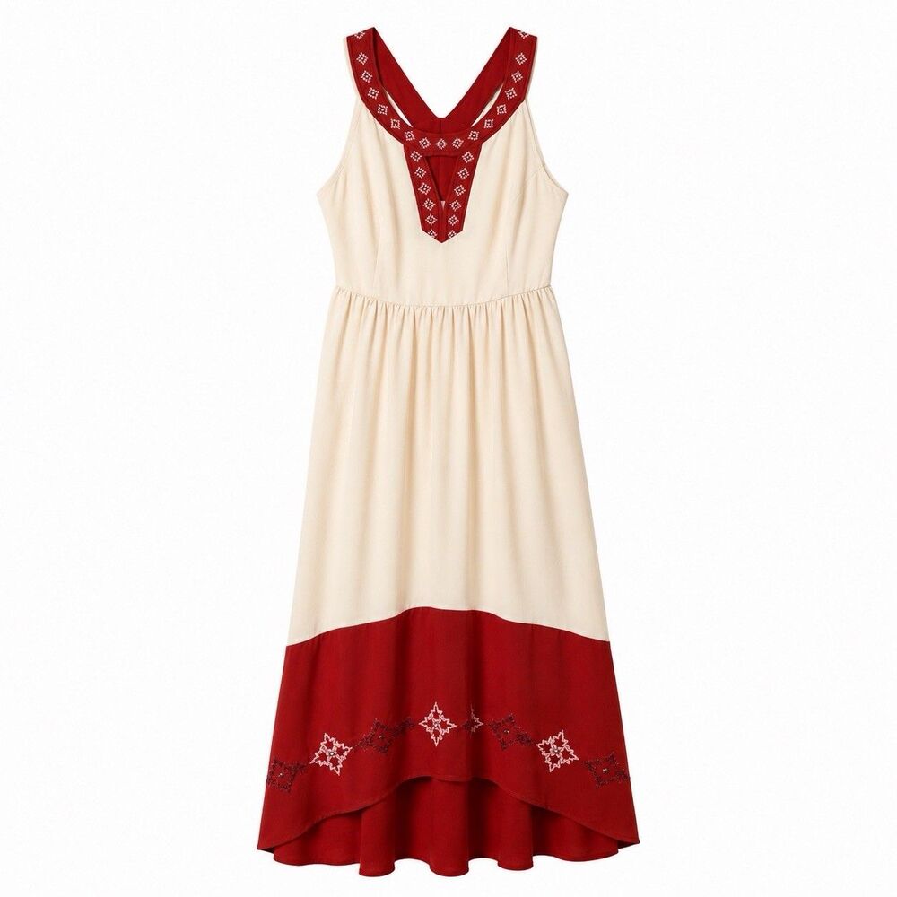 Soieblu Dress Women's Large Beige Rust Colorblock Maxi Boho Embroidered Sundress